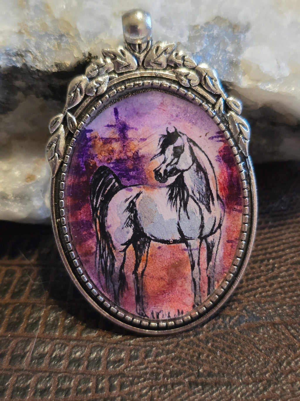 Desert Sunset Hand-Painted Arabian Horse Portrait Pendant, Silver alloy Setting