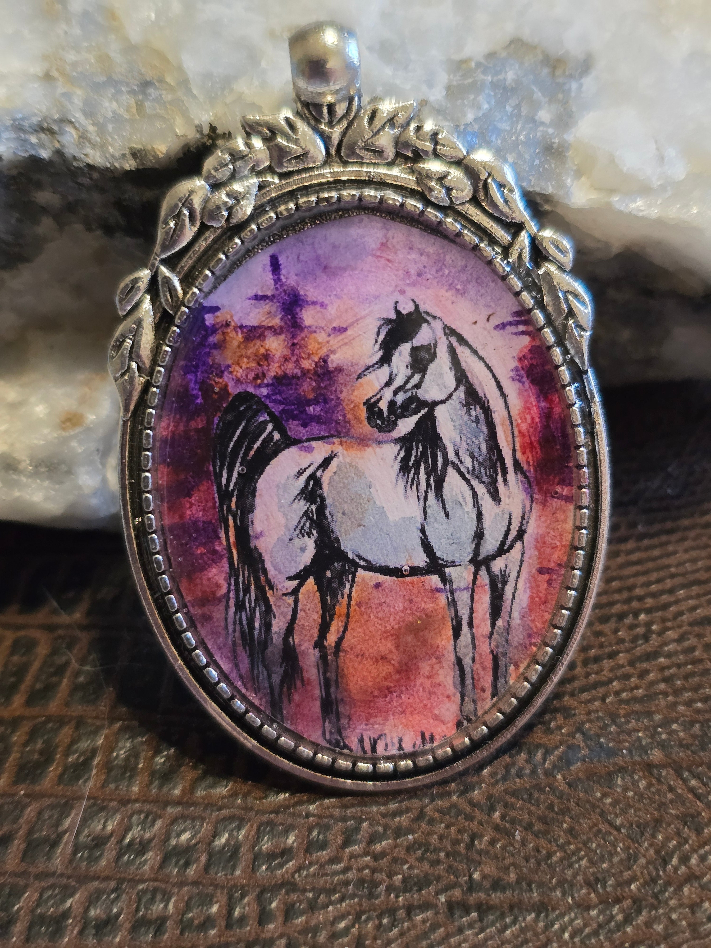 Desert Sunset Hand-Painted Arabian Horse Portrait Pendant, Silver alloy Setting