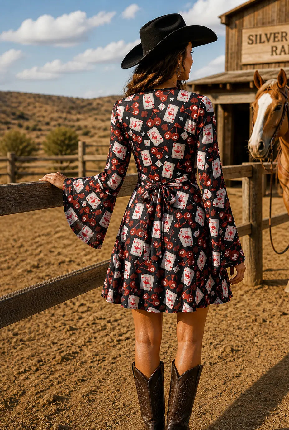 Card Room Cowgirl Bell Sleeve Mesh Retro Dress