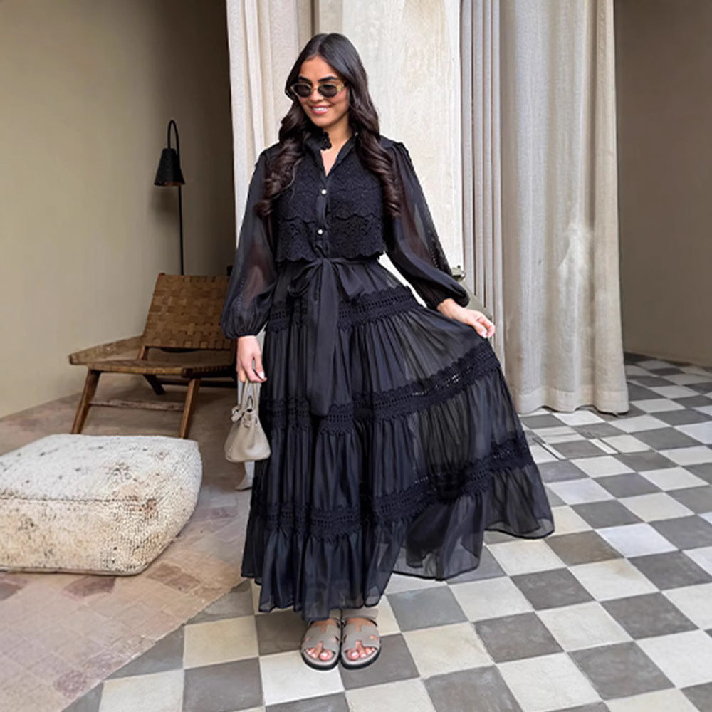 Long-sleeve Hollow-out Mesh Patchwork Dress With Lantern Sleeves Country Boho