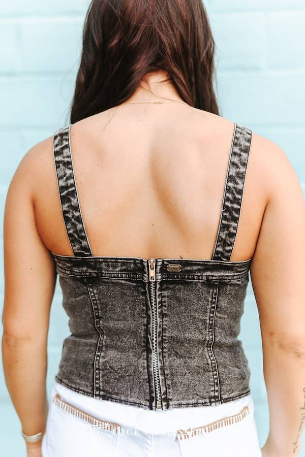 Black MineralWash Ivory Embroidered Vintage Buckle Strap Top