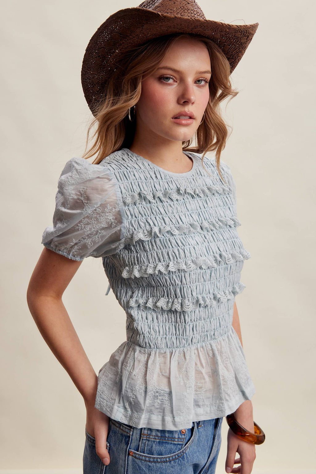 Smocked Lace Puff Sleeve Top