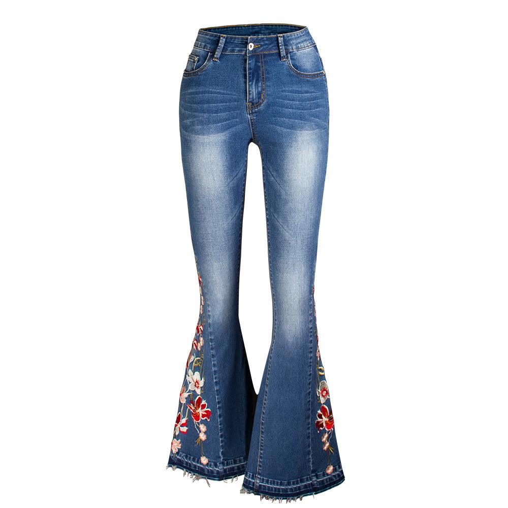 Flared Leg Embroidered Denim Jeans With Floral Hem