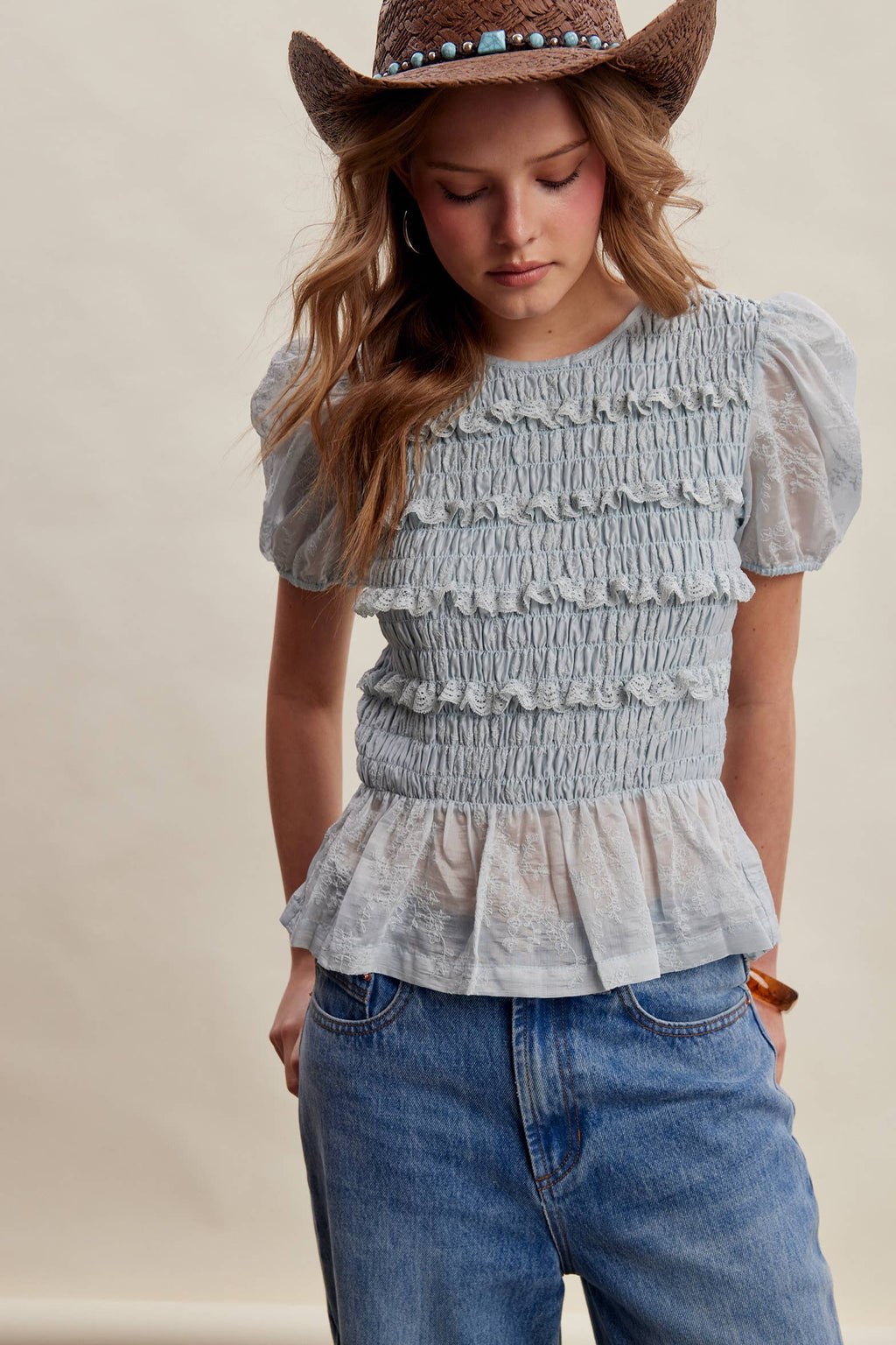 Smocked Lace Puff Sleeve Top