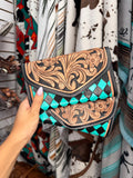 Checkered Tooled Leather Western Clutch Wallet & Wristlet
