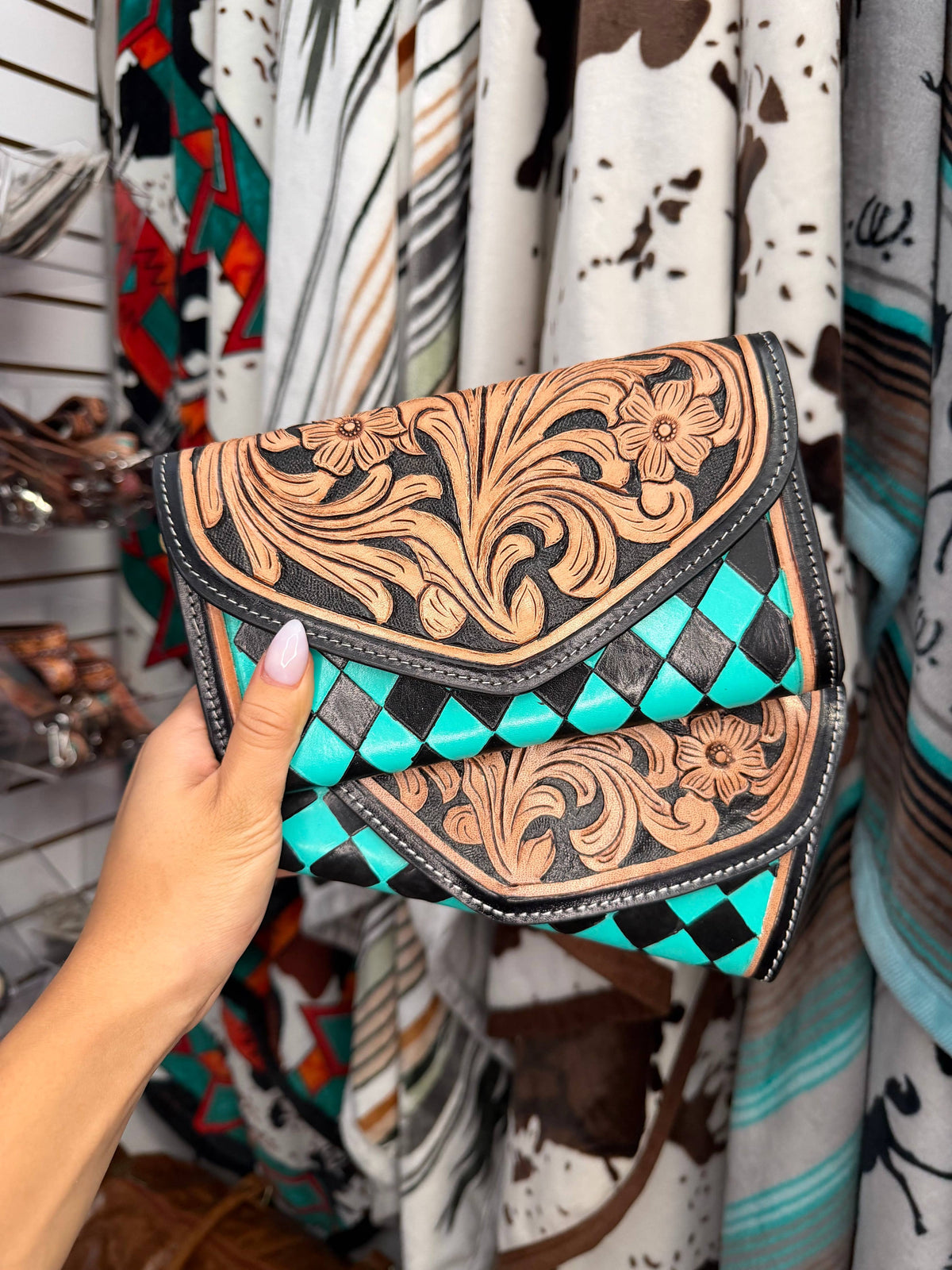 Checkered Tooled Leather Western Clutch Wallet & Wristlet