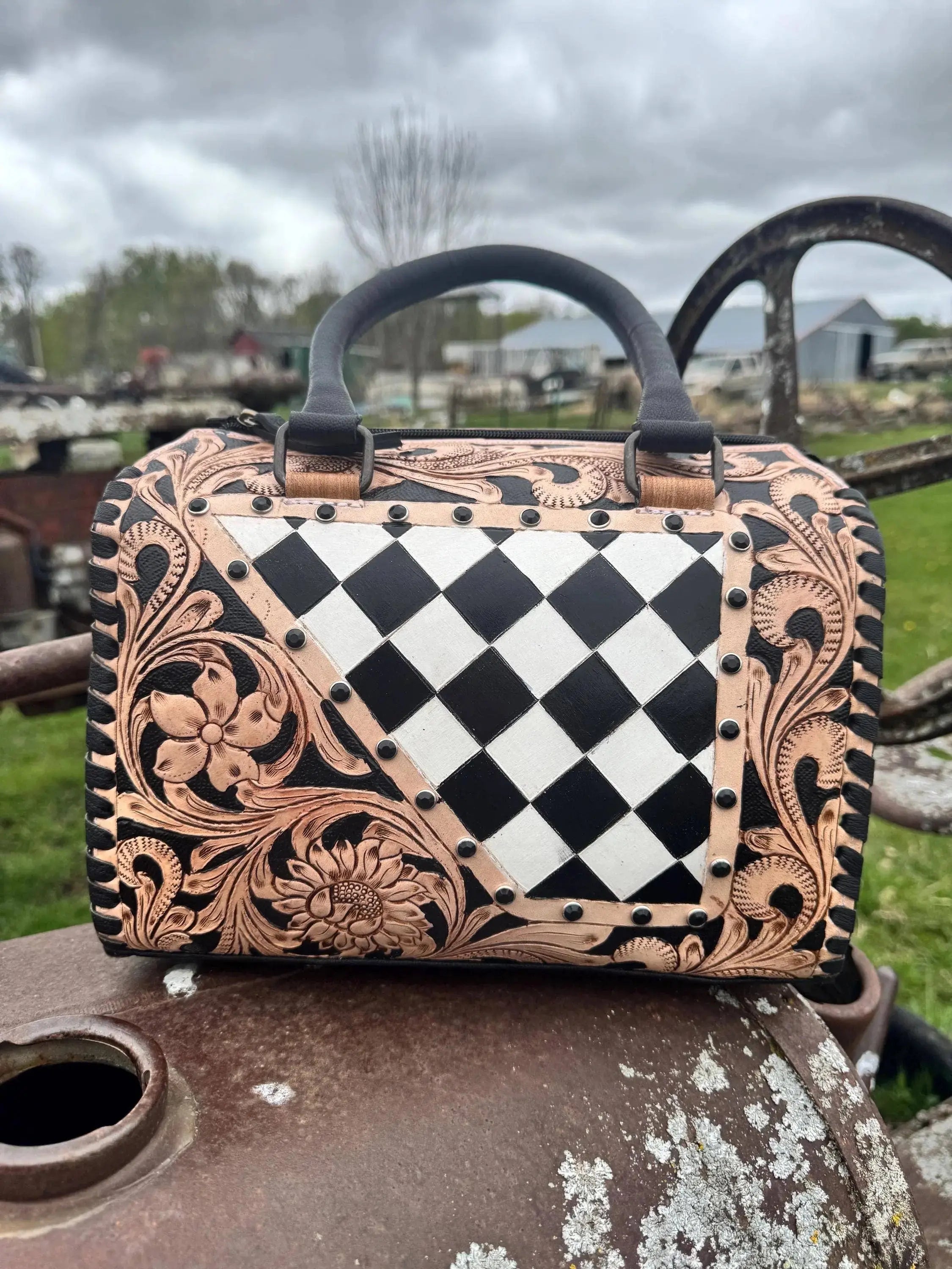 Luxe Tooled Leather Midnight Rhinestone Stud Checkered Speedy Bag