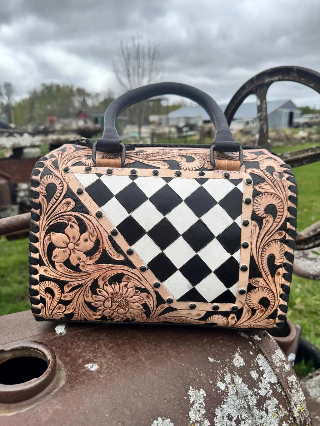 Luxe Tooled Leather Starry Night Rhinestone Stud Checkered Speedy Bag