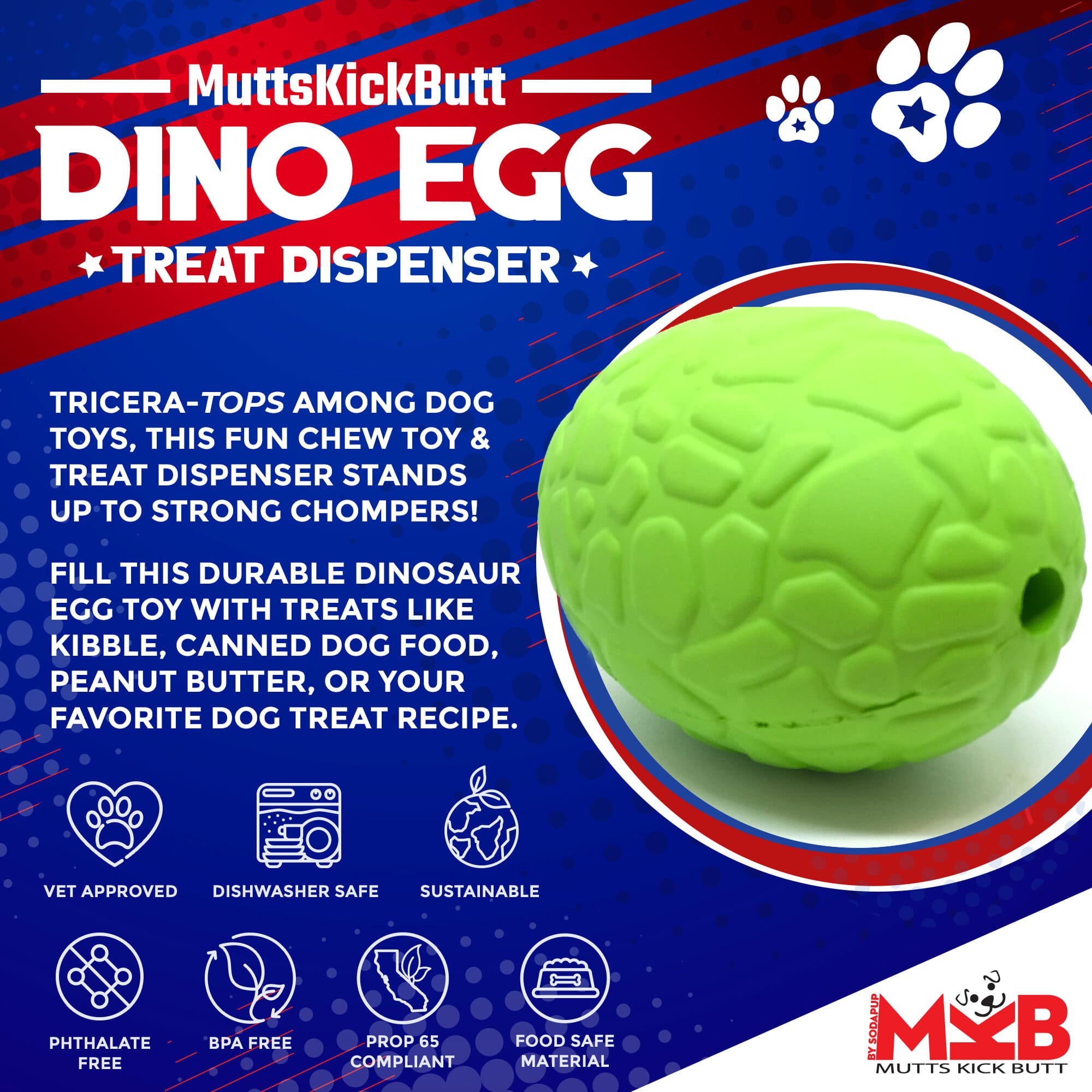 SodaPup Dinosaur Egg Chew Toy and Treat Dispenser USA Made