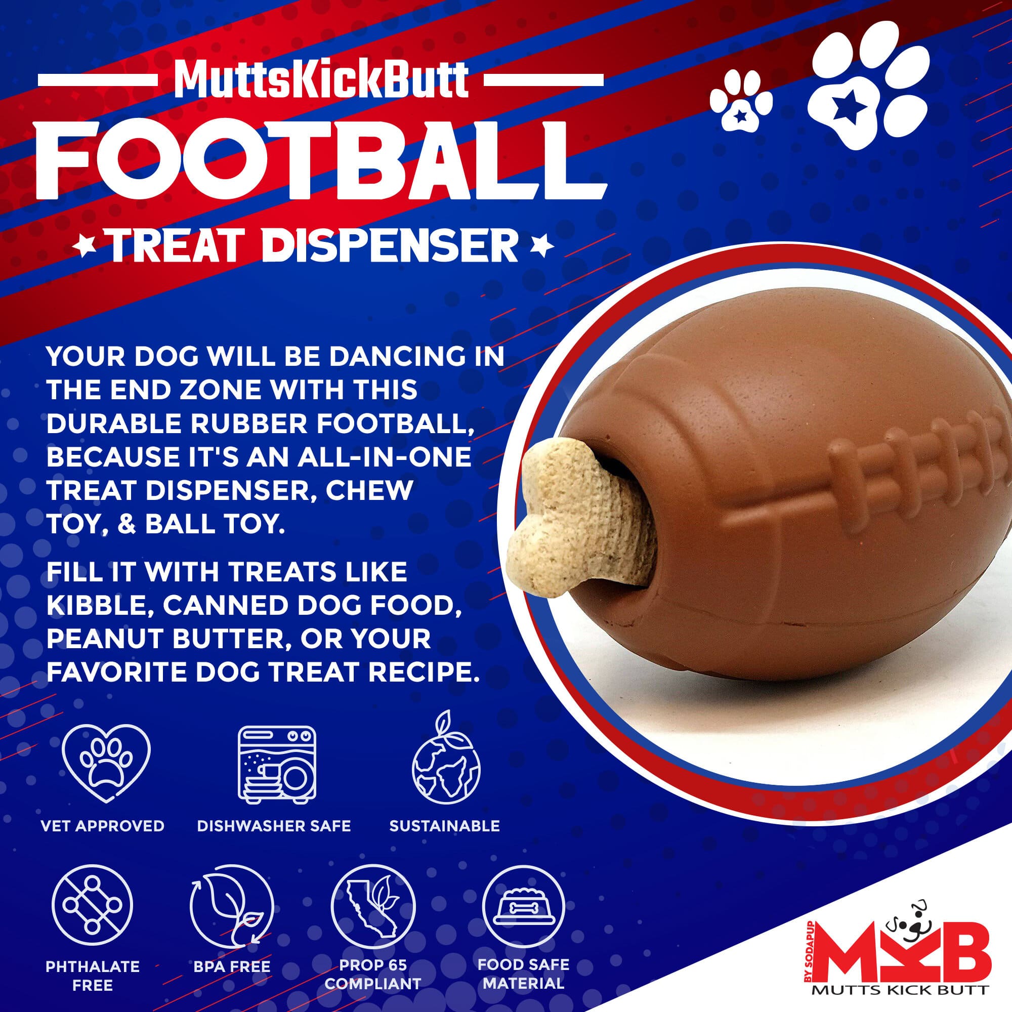 SodaPup Football Dog Chew Toy And Treat Dispenser USA Made