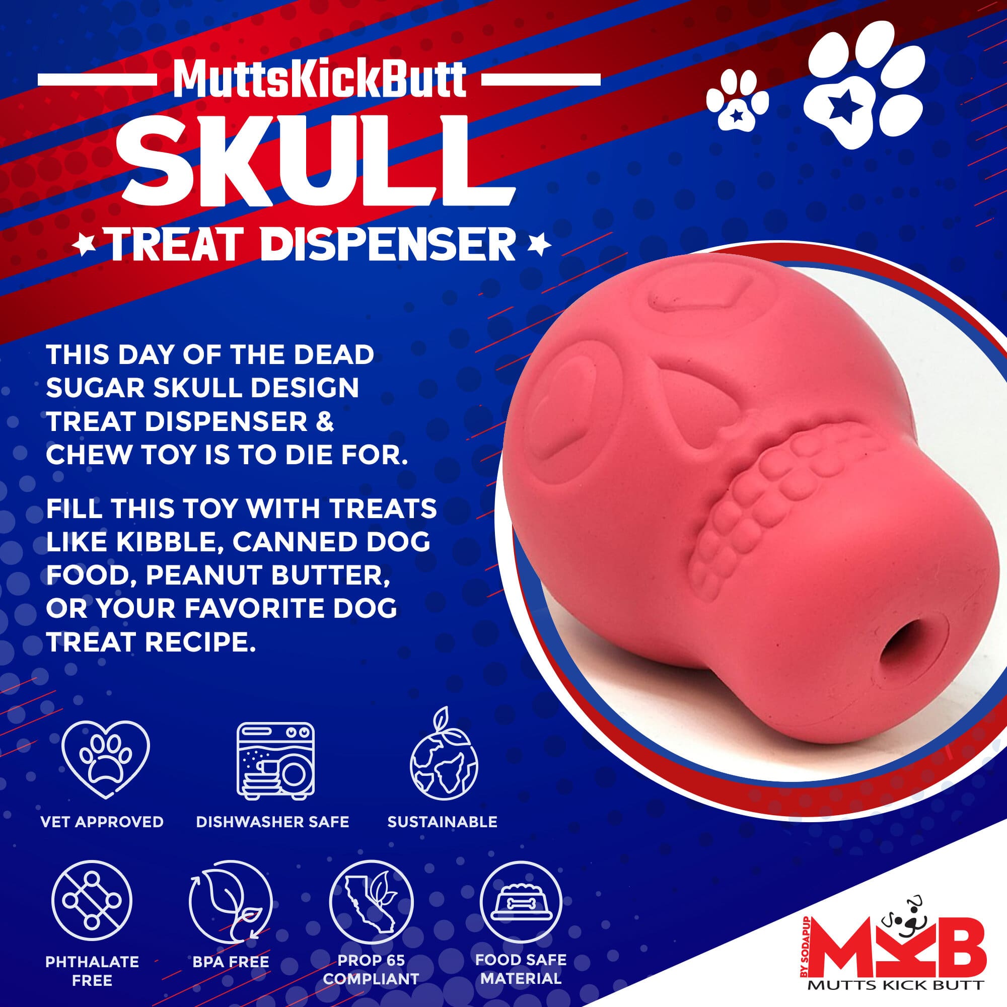 SodaPup Sugar Skull Dog Chew Toy and Treat Dispenser