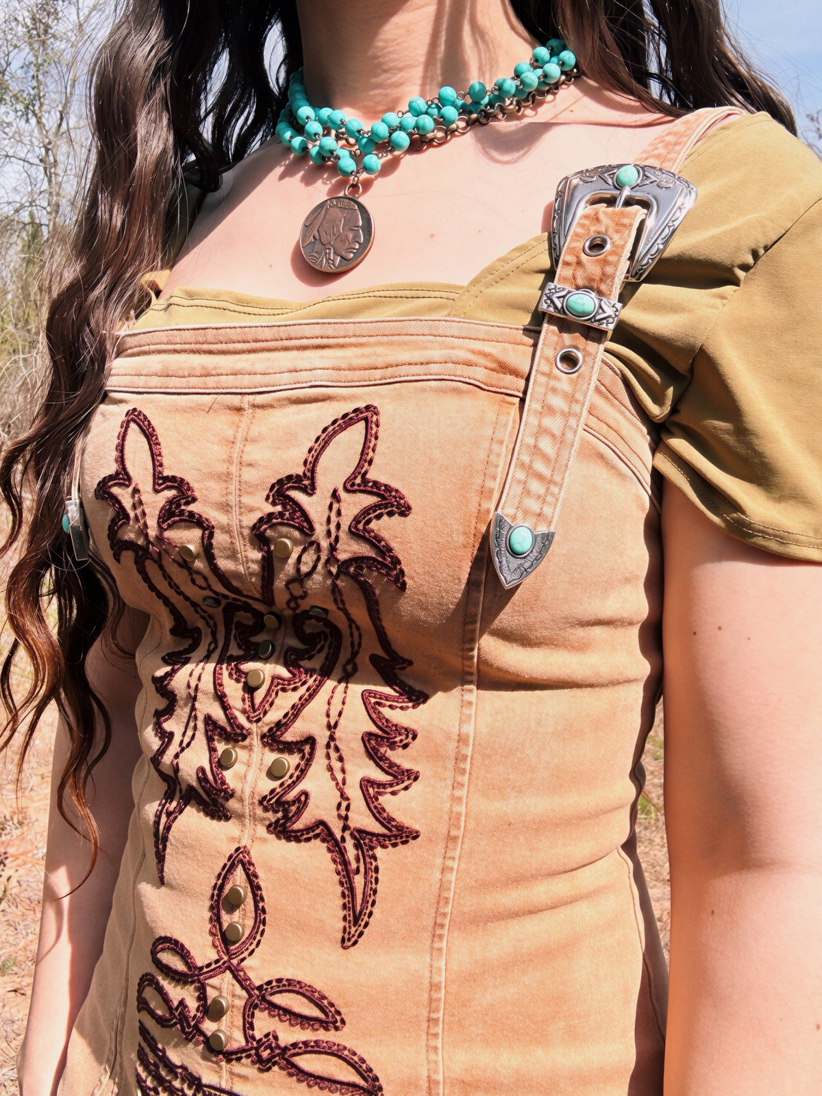 Brown Denim Embroidered Buckle Dress