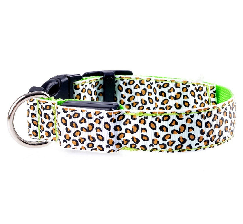 LED Dog Collar Safety Adjustable Nylon Leopard Print Rechargeable
