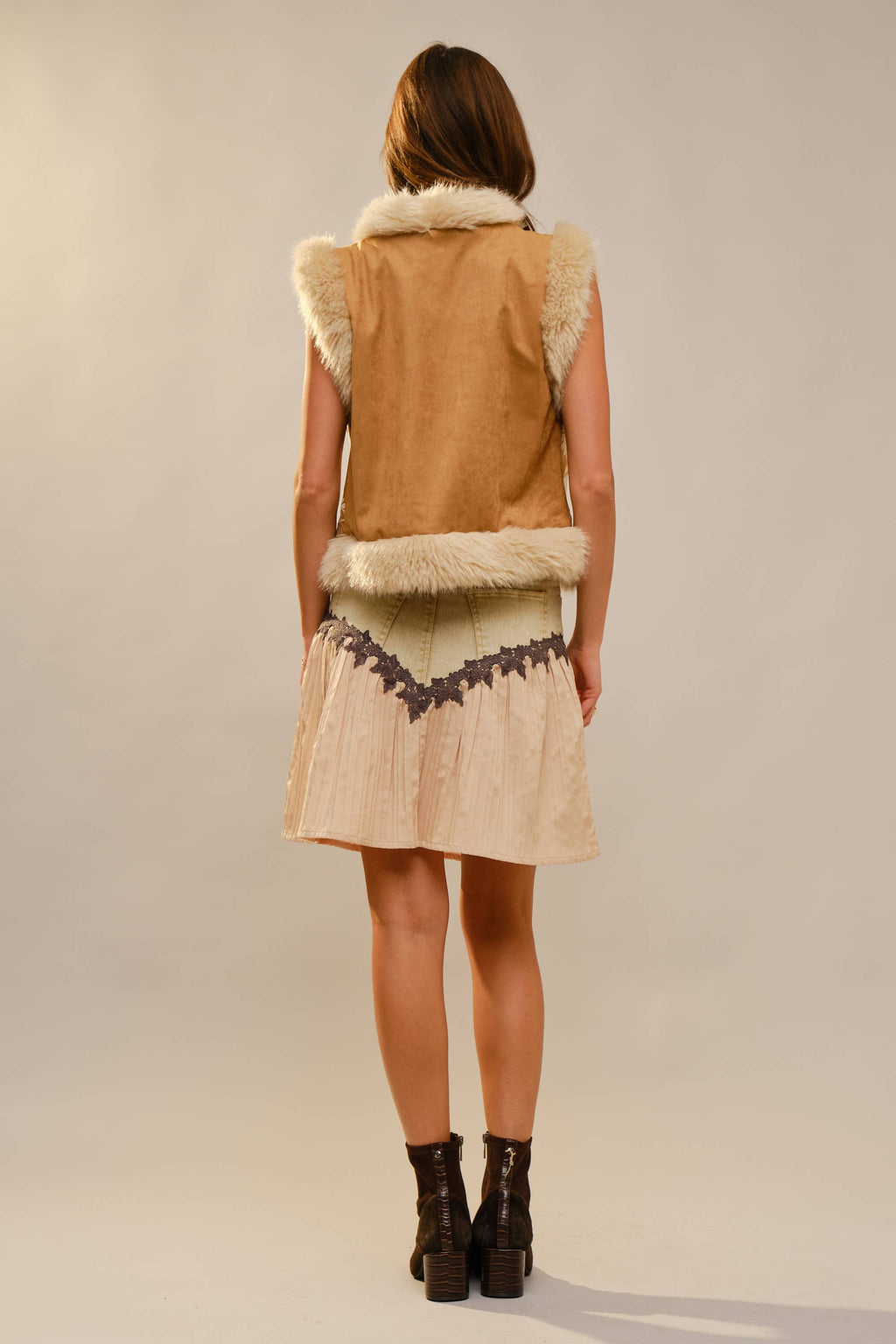 Embroidered Suede Vest With Fur Trim
