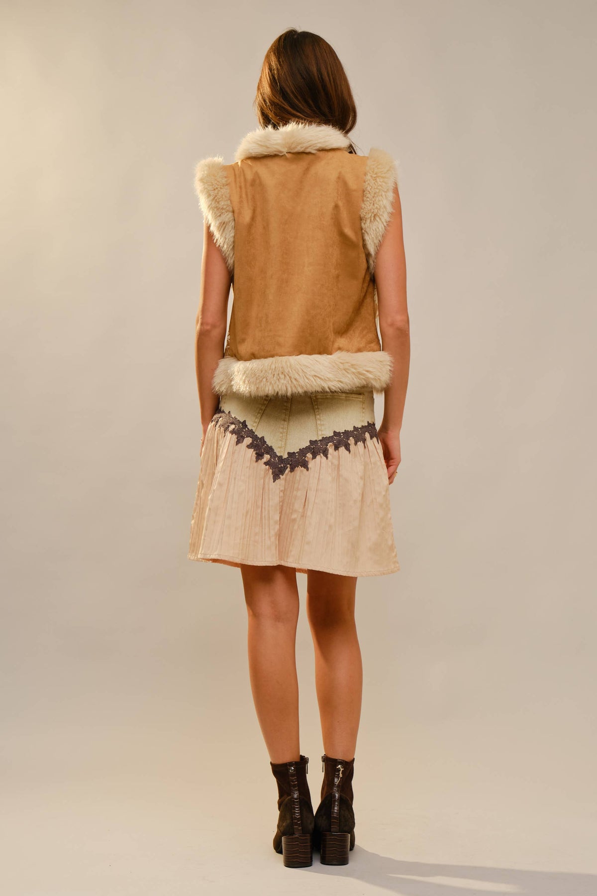 Embroidered Suede Vest With Fur Trim