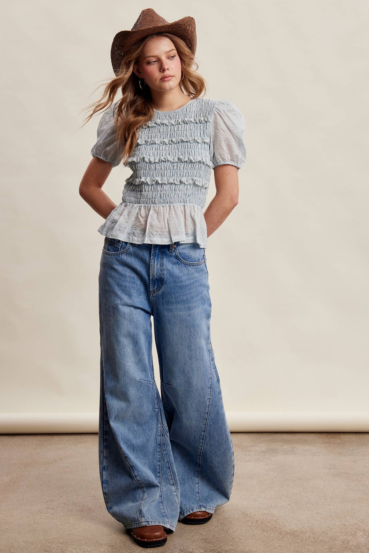 Smocked Lace Puff Sleeve Top