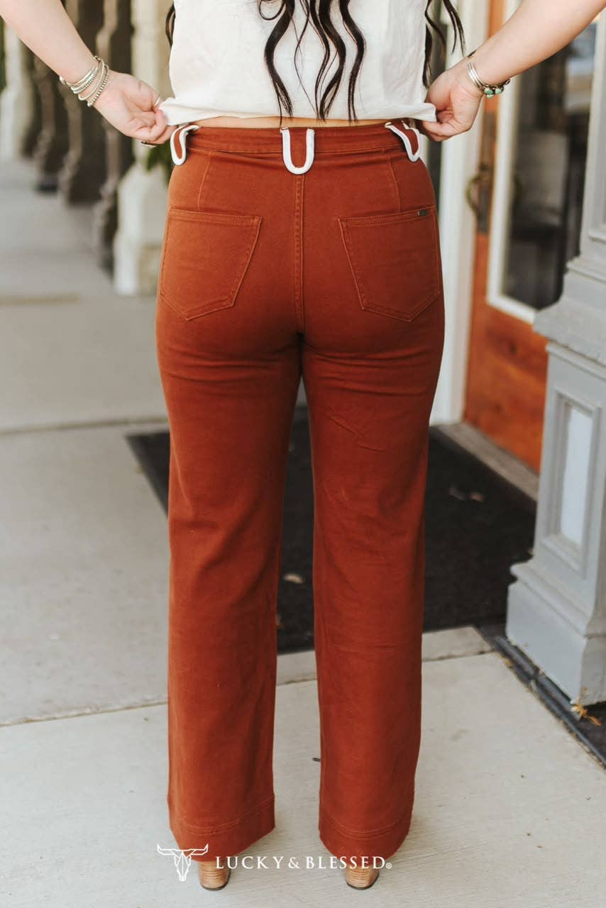 Camel Stretch Denim Western Arrow Wide Leg Jeans