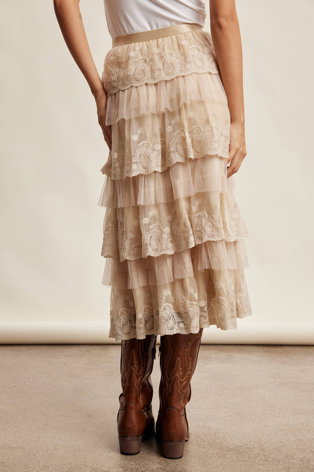 Taupe Lace Tiered Midi Skirt