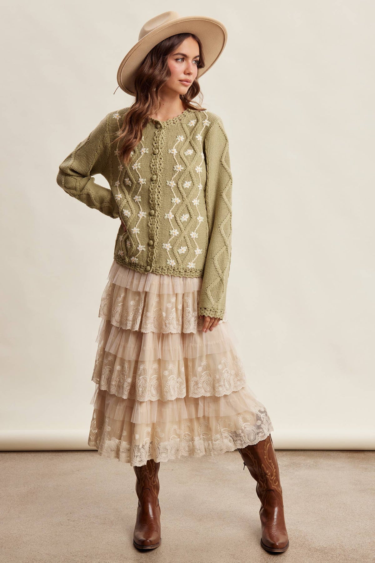 Taupe Lace Tiered Midi Skirt