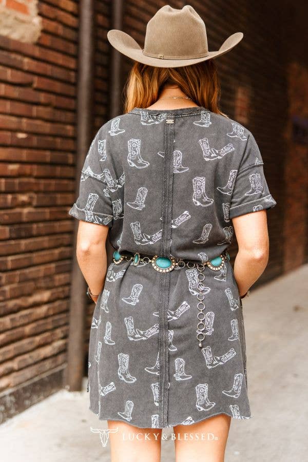 Grey Charcoal Mineral Washed Western Boots Printed Dress XL-3XL