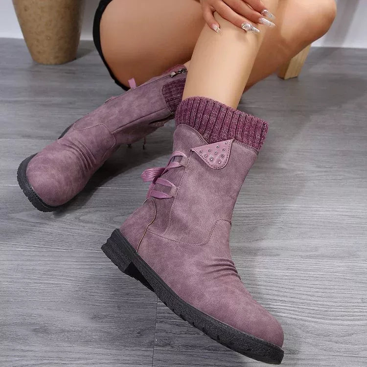 Knitted Cuff Round Toe Boots