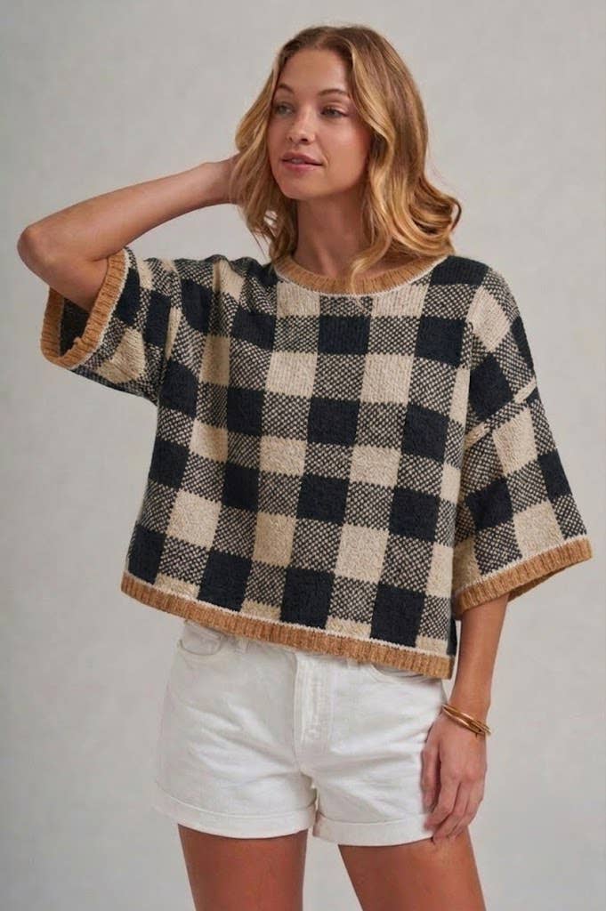 CHECKERED GINGHAM LOOSE FIT DROP SHOULDER SWEATER TOP-MULTI COLOR