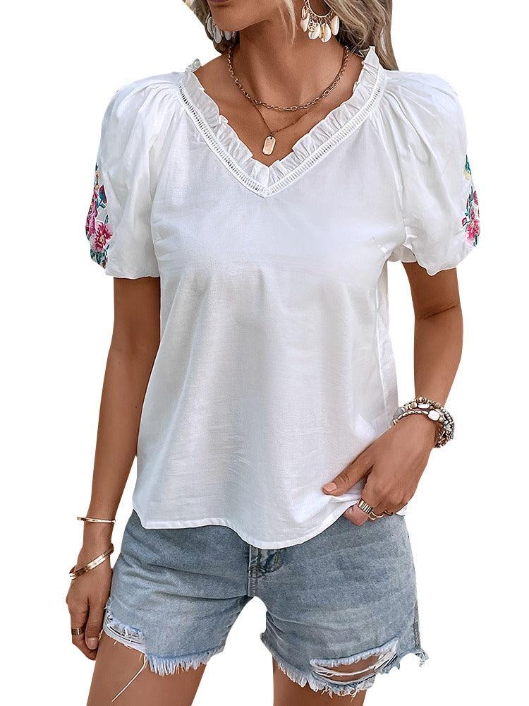 Flower Embroidered White Cowgirl Top V Neck Short Sleeve Casual Wear