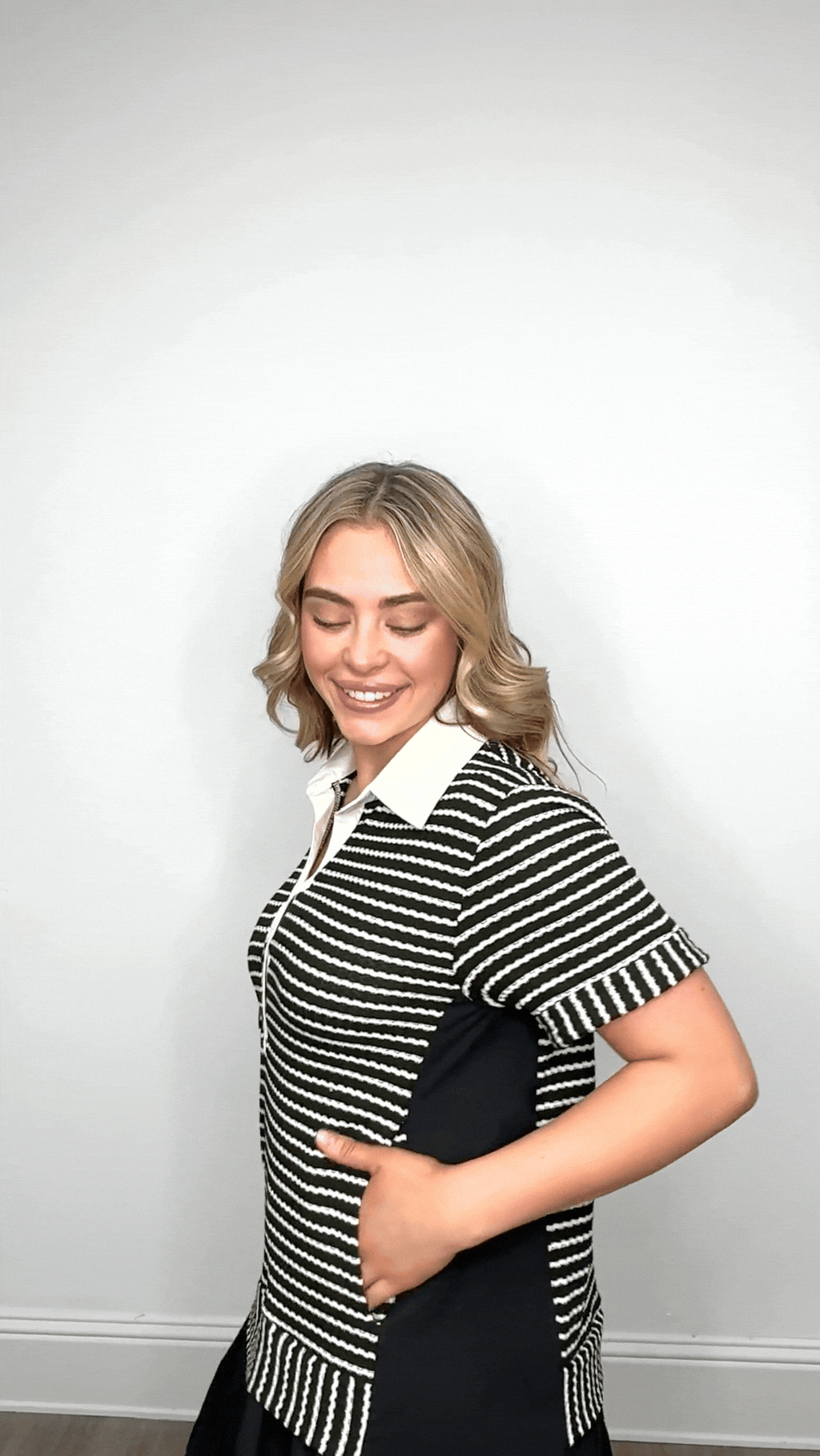 Striped Knit Top with Attached Skirt, Black