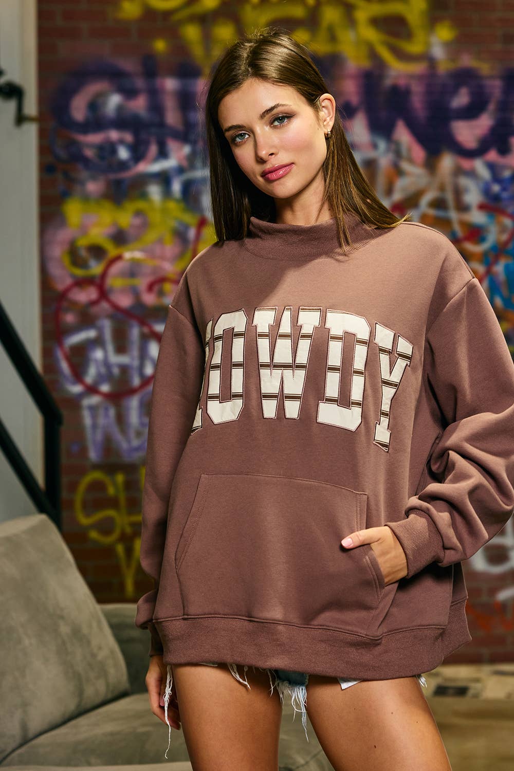 HOWDY Applique Mock-Neck Sweatshirt