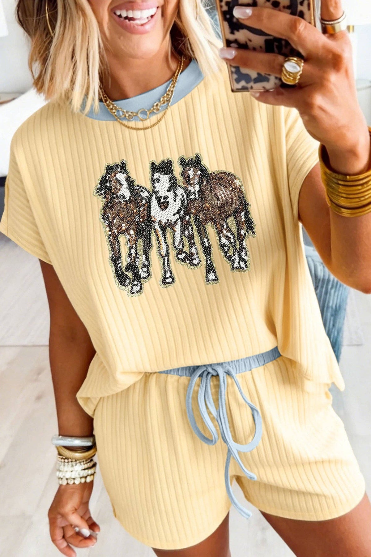 Yellow Cream Ribbed Knit Two Piece Set Sequin Horse Casual Short Set