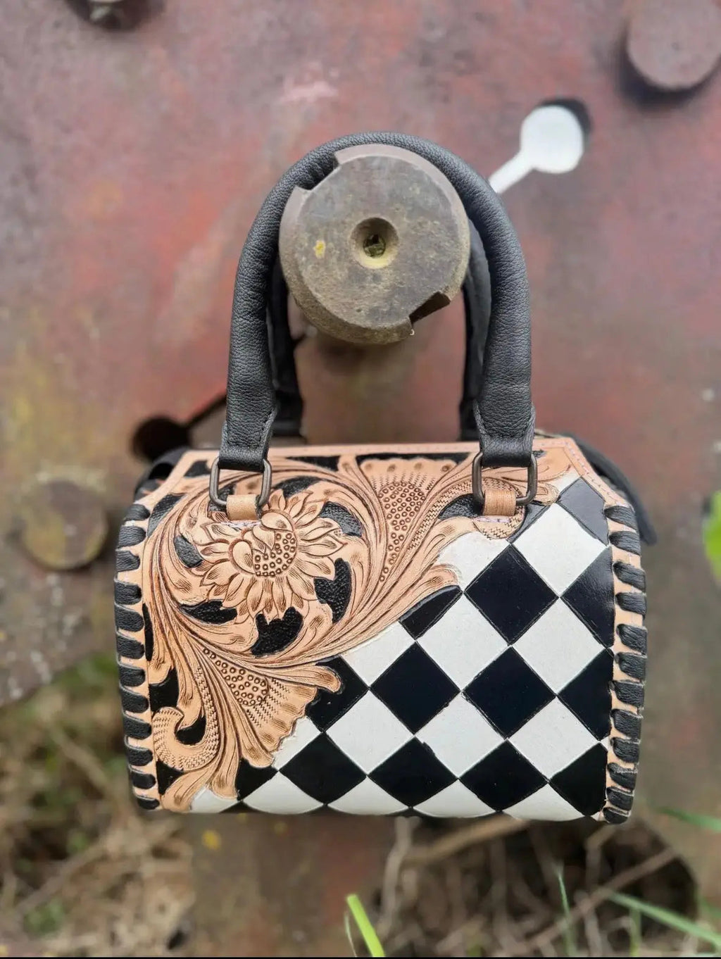 Luxe Tooled Leather Midnight Rhinestone Stud Checkered Speedy Bag