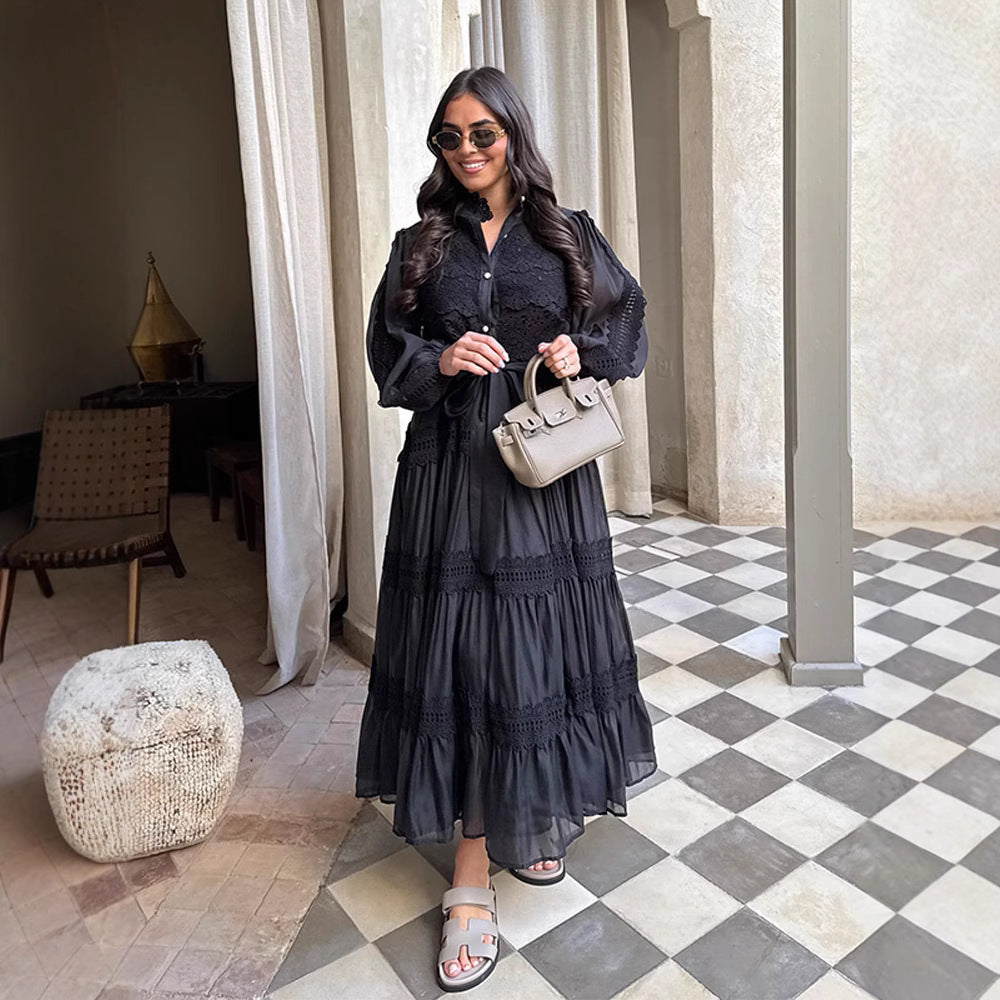 Long-sleeve Hollow-out Mesh Patchwork Dress With Lantern Sleeves Country Boho