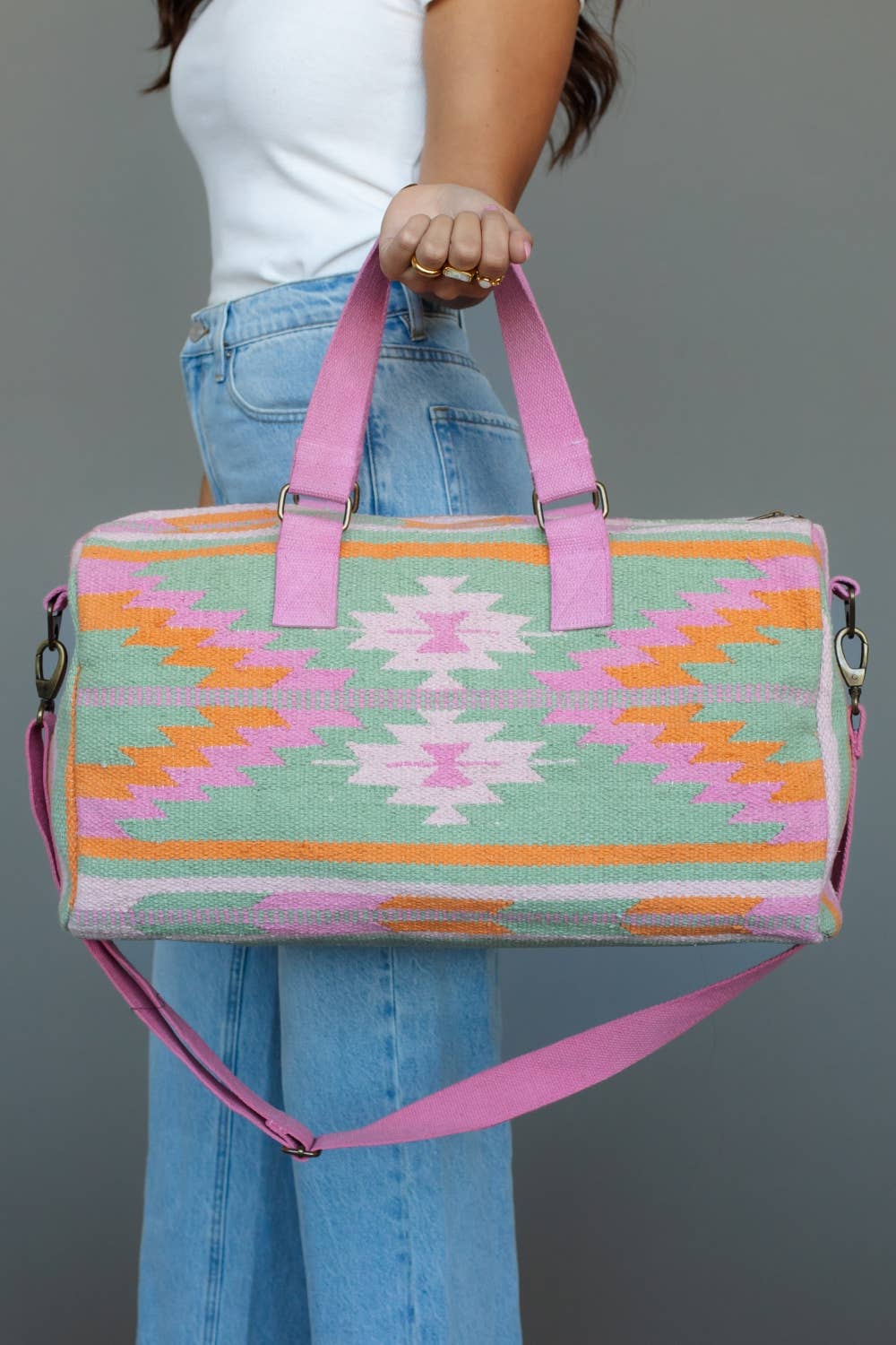 Aztec Print Cotton Duffel Bag — Mint, Pink & Orange