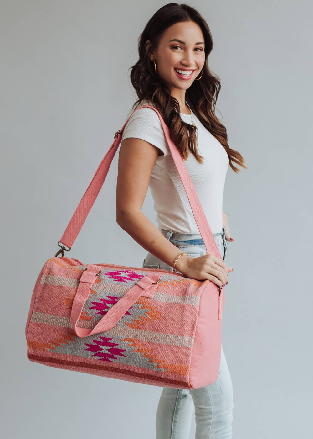 Aztec Print Cotton Duffel Bag — Orange, Pink & Slate