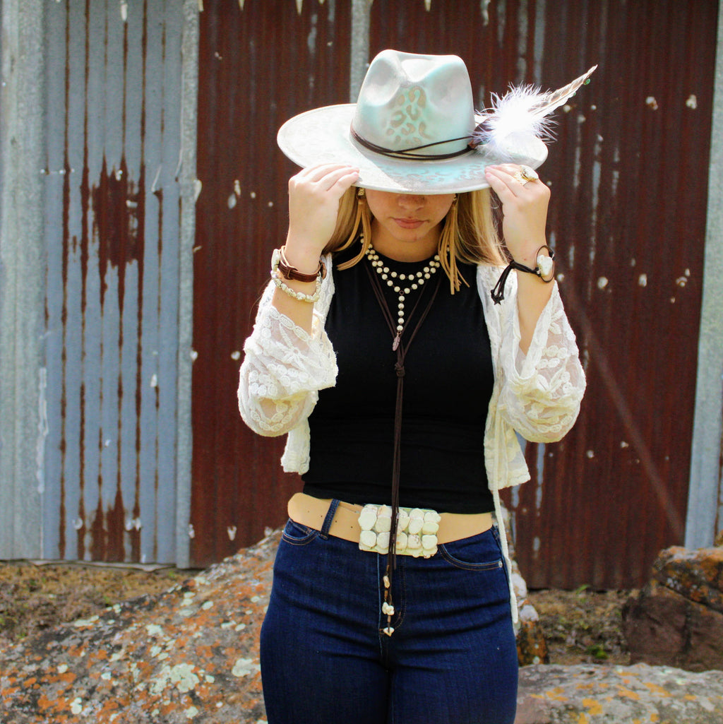 Double Strand Lariat White Turquoise Necklace w/ Copper Feather
