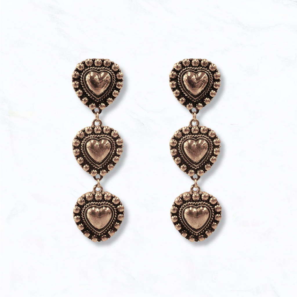 Western Inspired Triple Heart Dangle Earrings: Silver