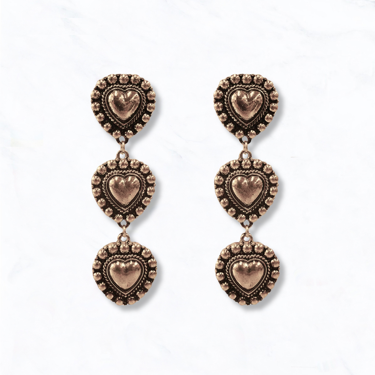 Western Inspired Triple Heart Dangle Earrings: Silver
