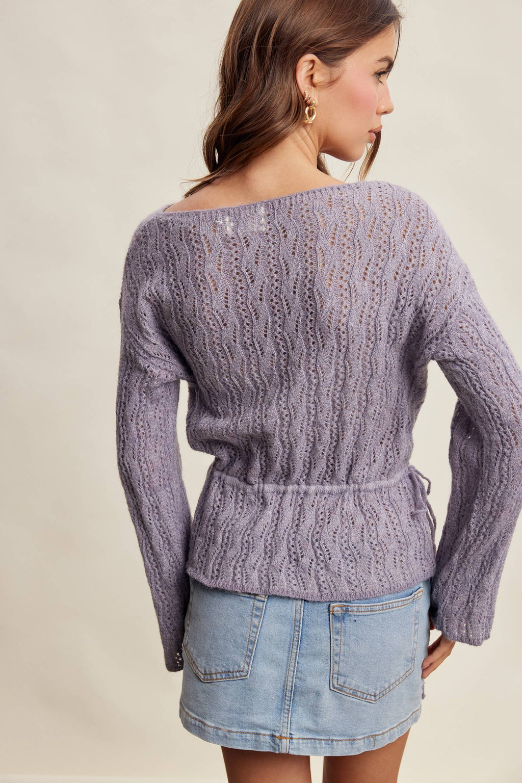 Pointelle Tie-Waist Knit Sweater