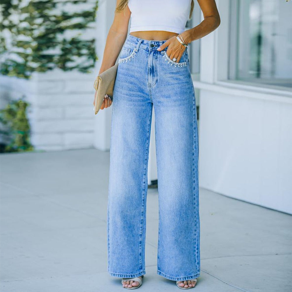 Ava Petal Pocket Wide Leg Denim Jeans Light Blue Wash