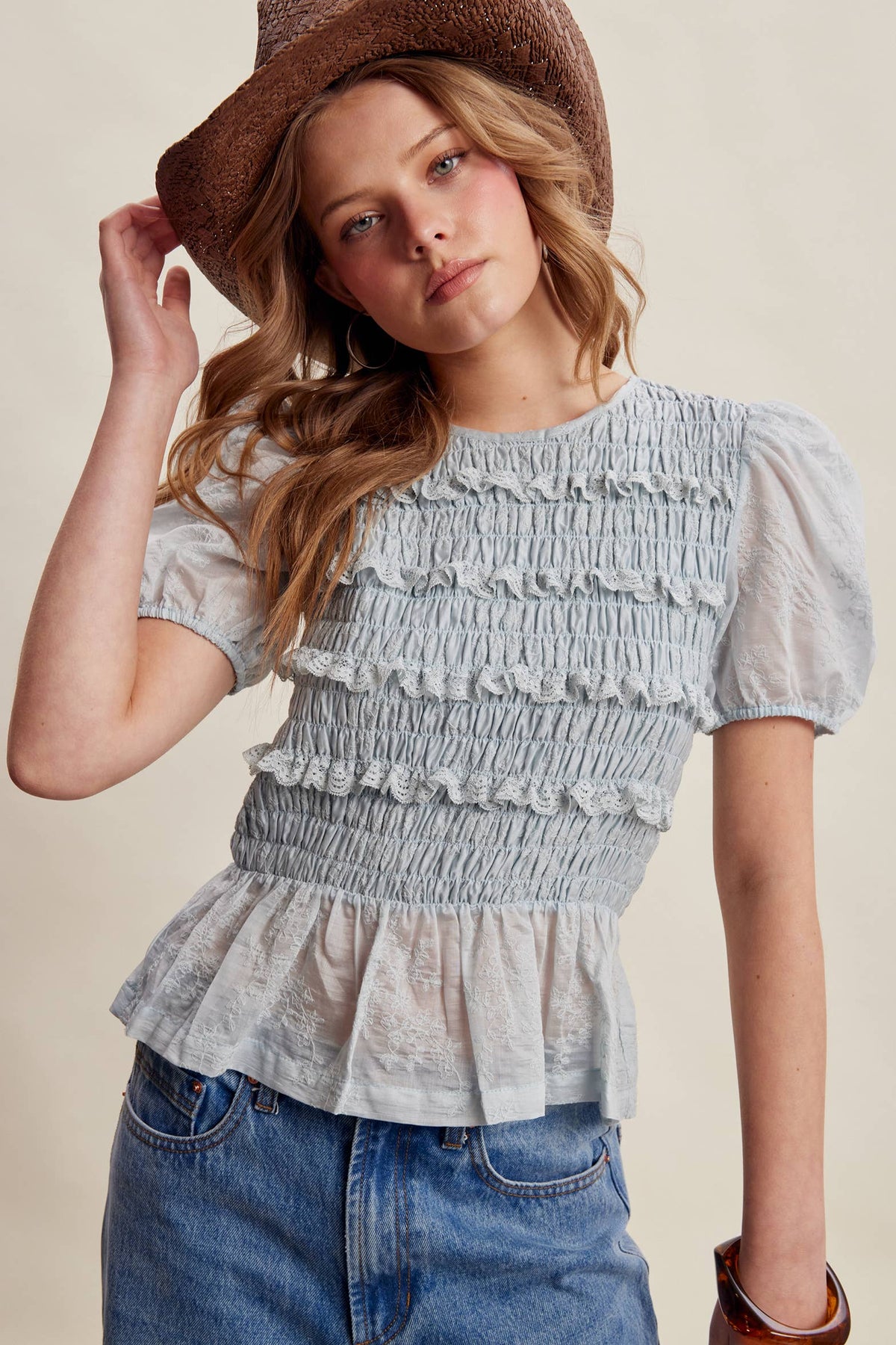 Smocked Lace Puff Sleeve Top