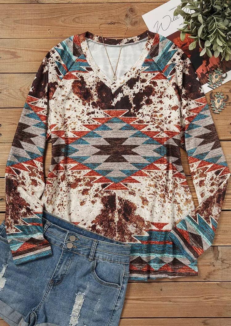 Tribal Roots V-Neck Pullover Long Sleeve Top With Boho Pattern