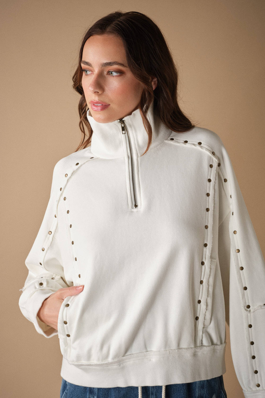 Studded Half-Zip Sweatshirt Black & Cream