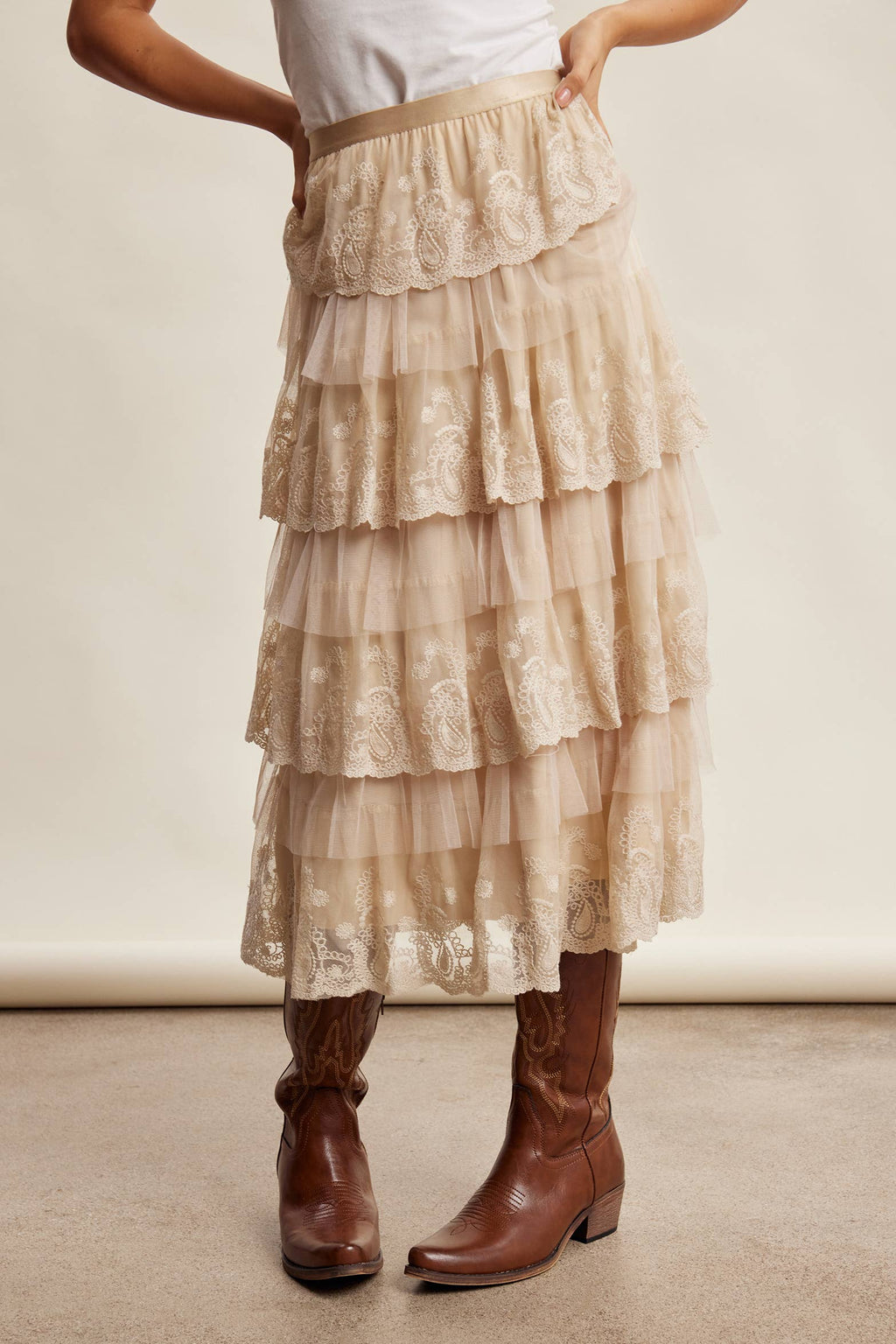 Taupe Lace Tiered Midi Skirt
