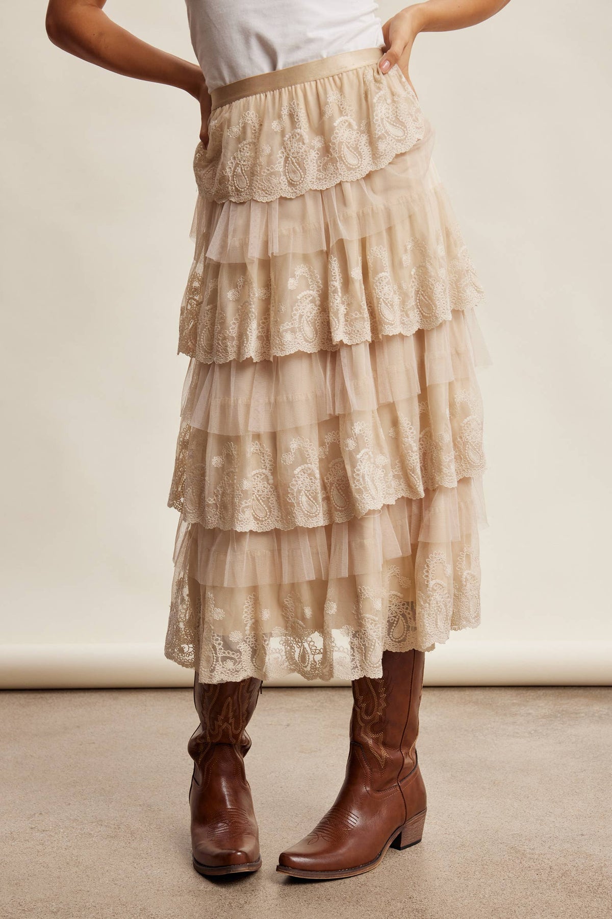 Taupe Lace Tiered Midi Skirt