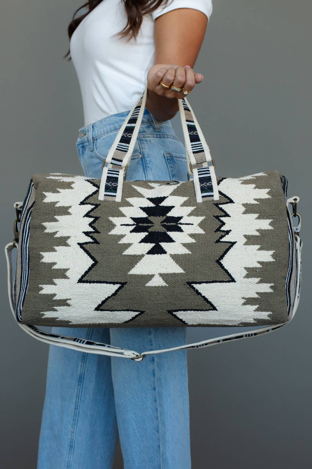 Taupe, White & Black Western Duffel