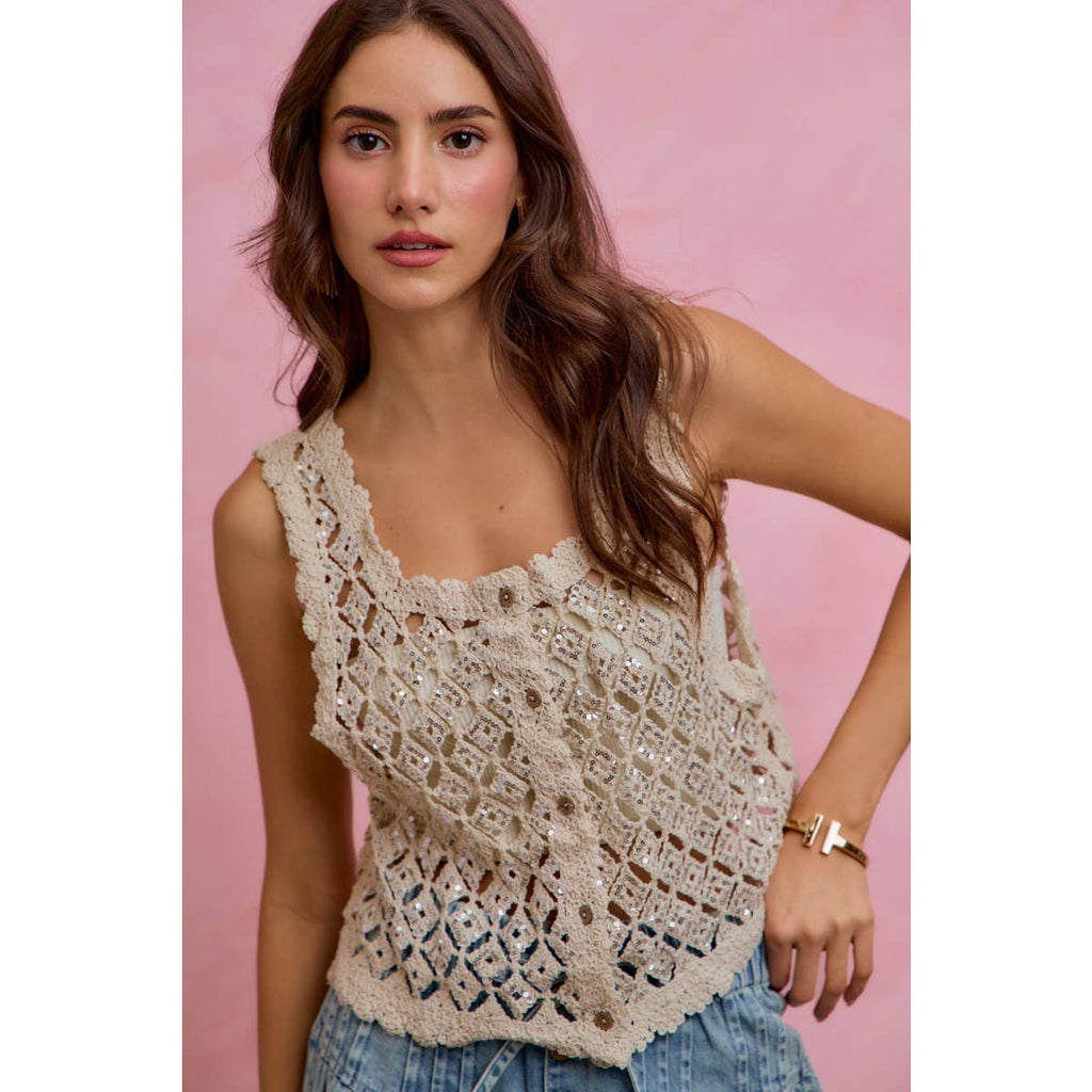 Sequin Diamond Crochet Lace Button-Down Vest Top