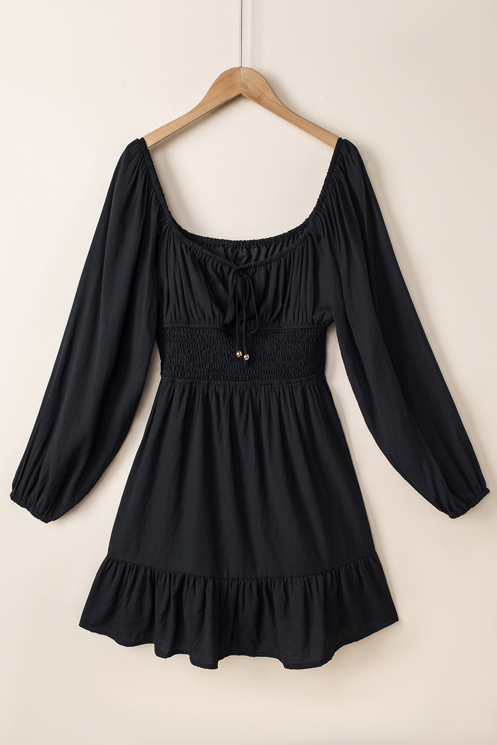 Black Solid Color Long Sleeve Shirred Drawstring Ruffle Mini Dress