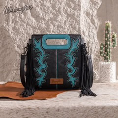 Wrangler Top Handle Boot Scroll Fringe Tote/Crossbody -Black
