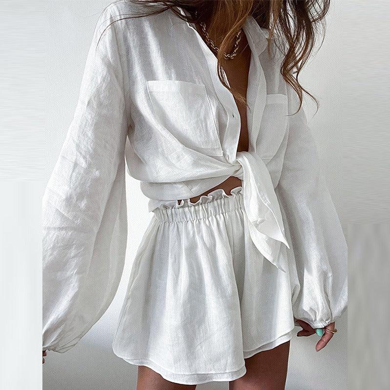 Country Girl Casual Ruffled Edge Shorts Shirt Set Two Piece For Spring Summer