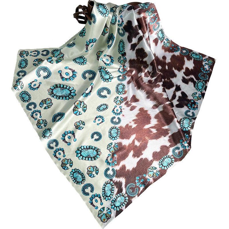 Turquoise Cow Pattern Western Scarf For Women Cowgirl Accessory